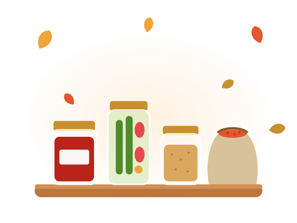 Einmachgläser mit Paprikamark, eingelegtem Gemüse und Bulgur, ein Sack Linsen und fallende Herbstblätter