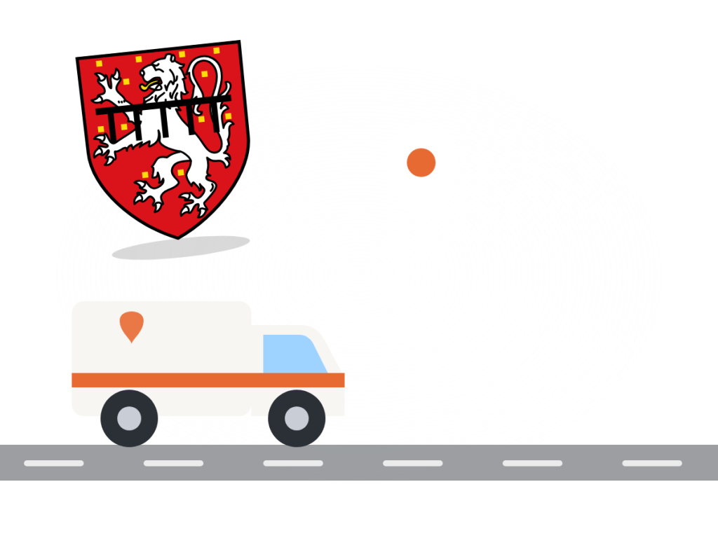 Lieferwagen auf der Straße vor der Stolberger Burg, daneben das Stolberger Stadtwappen und eine Kartennadel